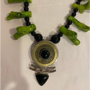 Handcrafted green tree branch coral necklace black beads sterling silver pendant